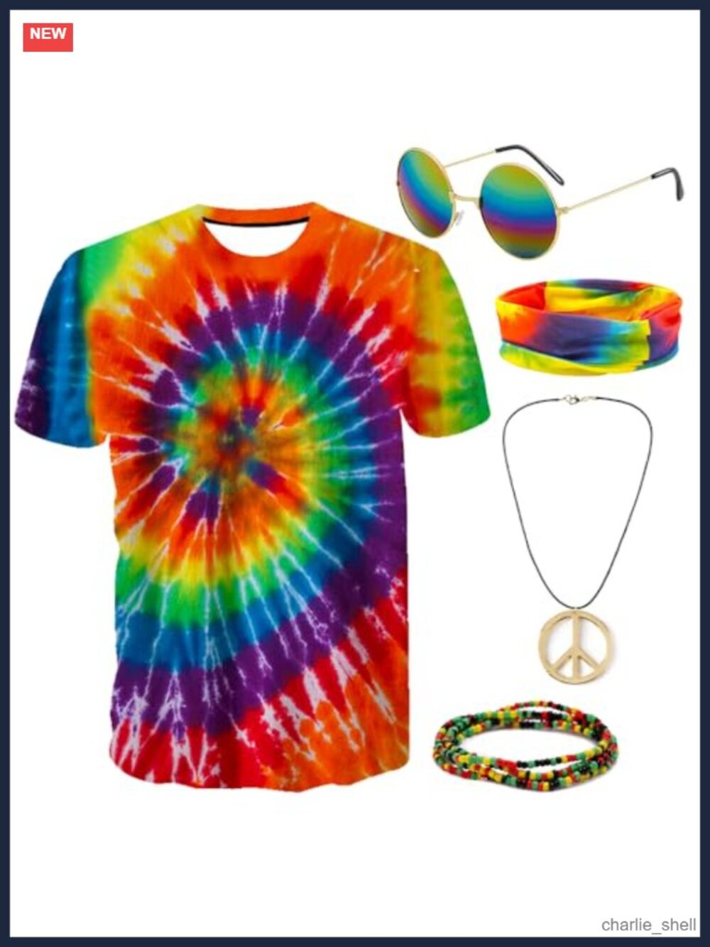 Hippie Costume Outfit 5 Piece Set T-Shirt Peace Necklace Beads Sunglasses 60s